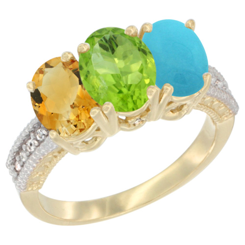 10K Yellow Gold Diamond Natural Citrine, Peridot & Turquoise Ring 3-Stone 7x5 mm Oval, sizes 5 - 10