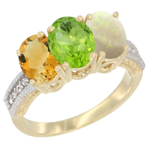 10K Yellow Gold Diamond Natural Citrine, Peridot & Opal Ring 3-Stone 7x5 mm Oval, sizes 5 - 10