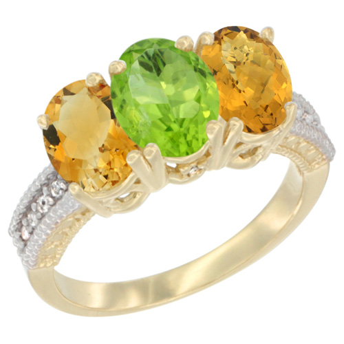 10K Yellow Gold Diamond Natural Citrine, Peridot & Whisky Quartz Ring 3-Stone 7x5 mm Oval, sizes 5 - 10