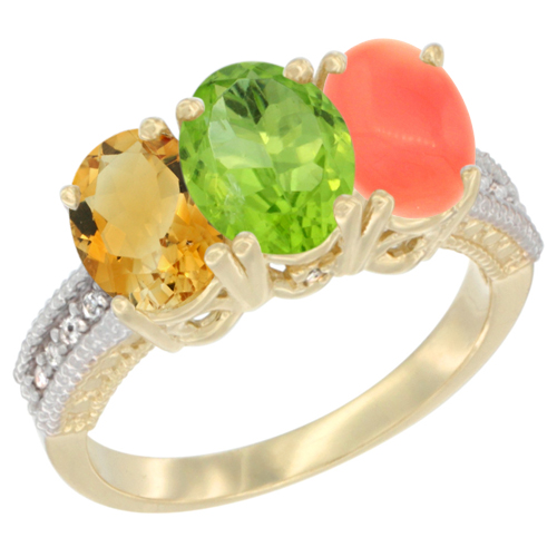 10K Yellow Gold Diamond Natural Citrine, Peridot & Coral Ring 3-Stone 7x5 mm Oval, sizes 5 - 10