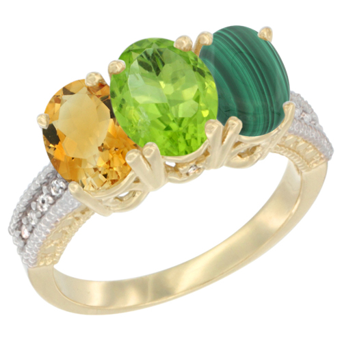 10K Yellow Gold Diamond Natural Citrine, Peridot & Malachite Ring 3-Stone 7x5 mm Oval, sizes 5 - 10