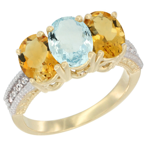 14K Yellow Gold Natural Aquamarine & Citrine Sides Ring 3-Stone 7x5 mm Oval Diamond Accent, sizes 5 - 10