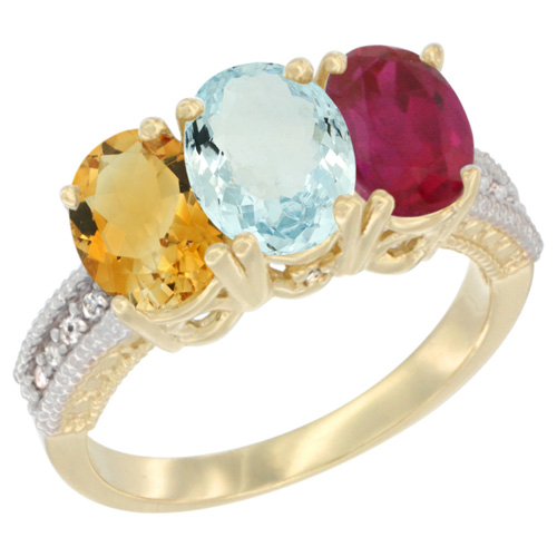 10K Yellow Gold Diamond Natural Citrine, Aquamarine & Enhanced Ruby Ring 3-Stone 7x5 mm Oval, sizes 5 - 10