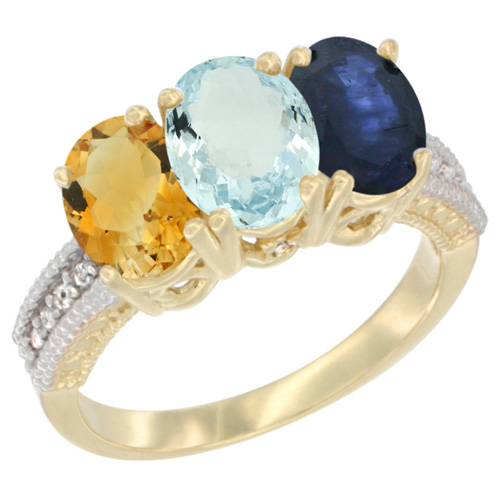 10K Yellow Gold Diamond Natural Citrine, Aquamarine & Blue Sapphire Ring 3-Stone 7x5 mm Oval, sizes 5 - 10