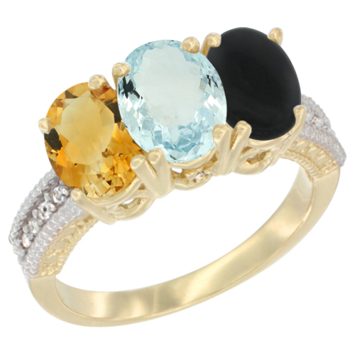 10K Yellow Gold Diamond Natural Citrine, Aquamarine & Black Onyx Ring 3-Stone 7x5 mm Oval, sizes 5 - 10