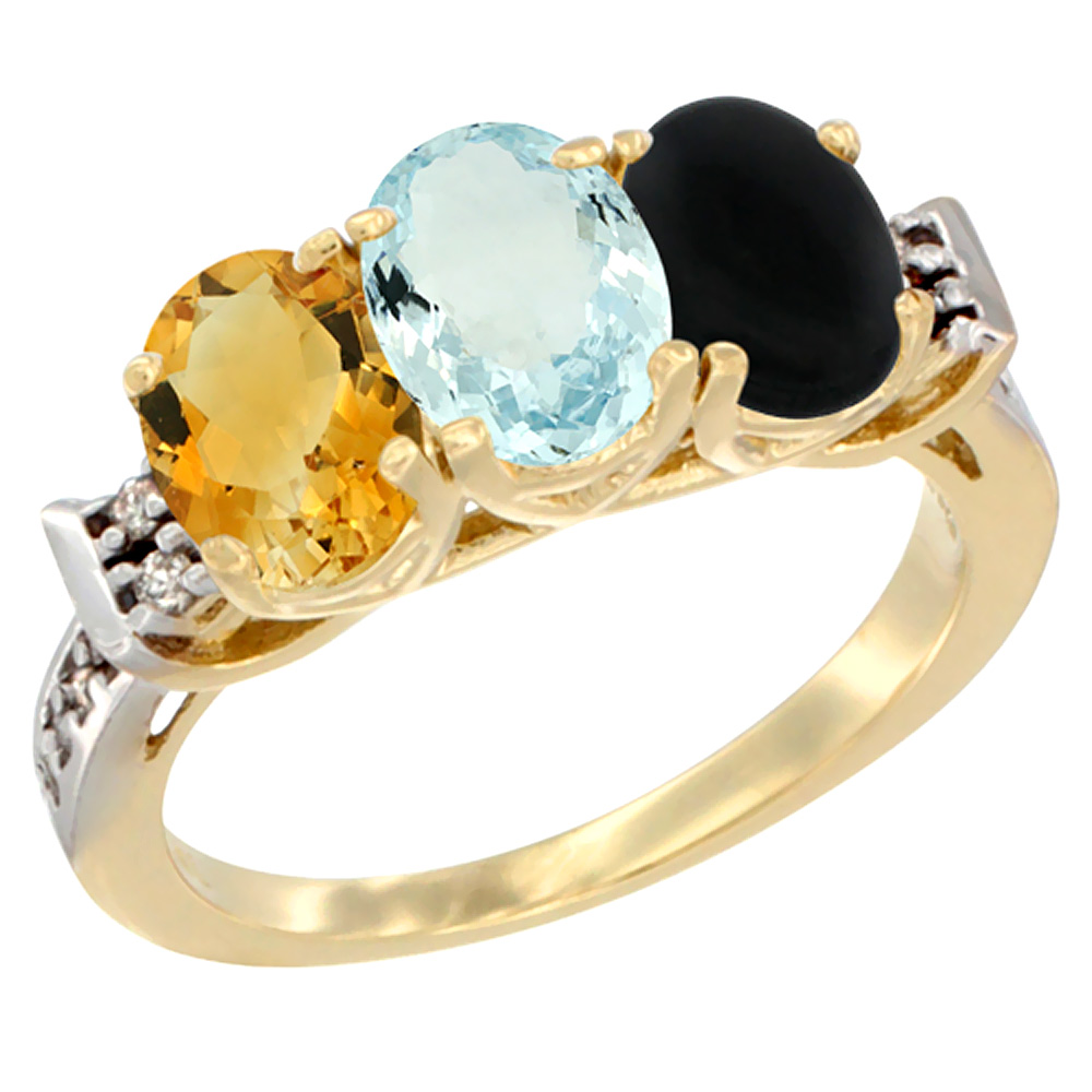 10K Yellow Gold Natural Citrine, Aquamarine & Black Onyx Ring 3-Stone Oval 7x5 mm Diamond Accent, sizes 5 - 10