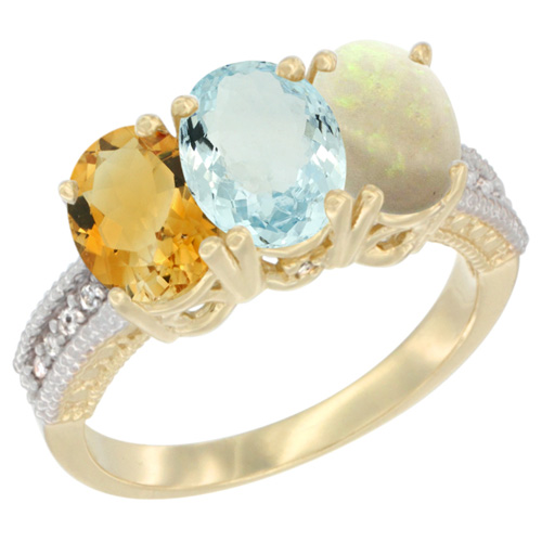 10K Yellow Gold Diamond Natural Citrine, Aquamarine & Opal Ring 3-Stone 7x5 mm Oval, sizes 5 - 10