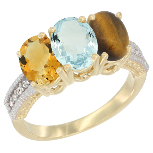 10K Yellow Gold Diamond Natural Citrine, Aquamarine & Tiger Eye Ring 3-Stone 7x5 mm Oval, sizes 5 - 10