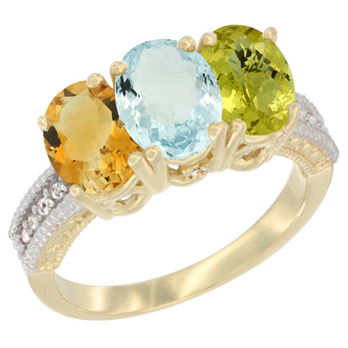 10K Yellow Gold Diamond Natural Citrine, Aquamarine & Lemon Quartz Ring 3-Stone 7x5 mm Oval, sizes 5 - 10