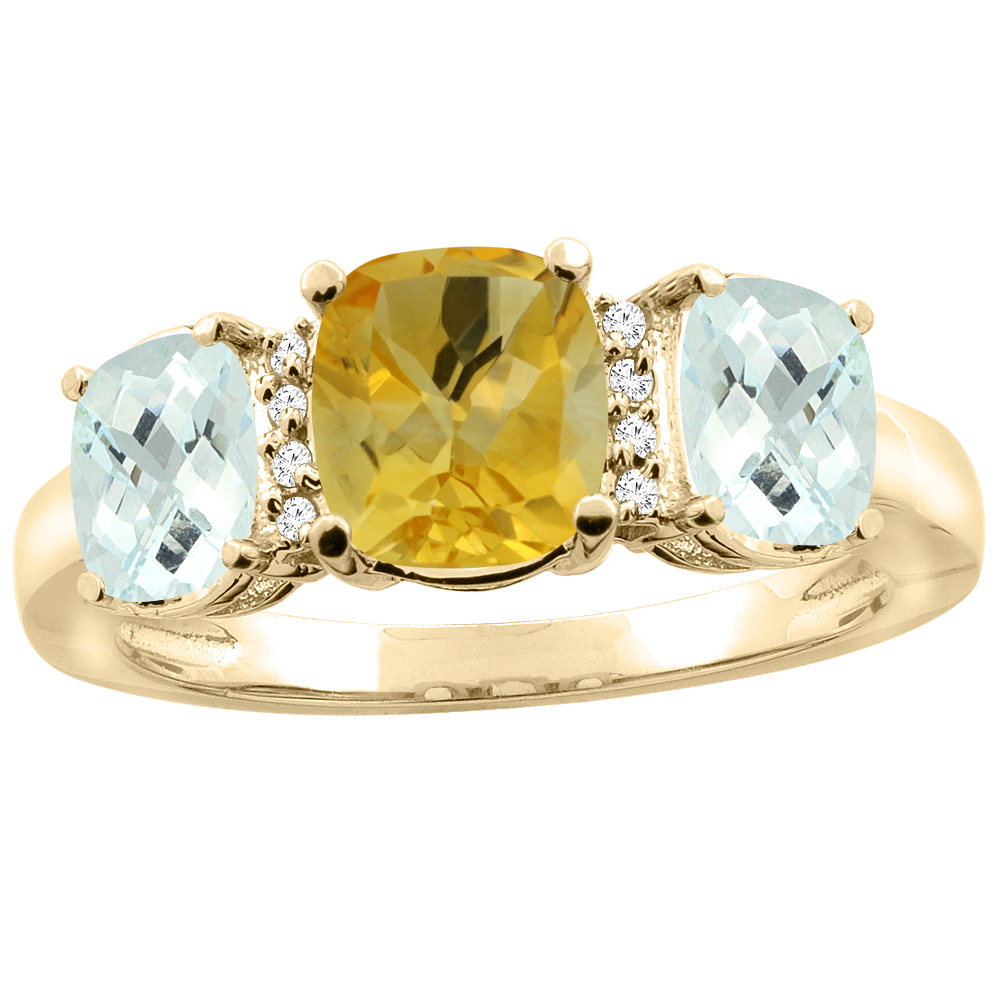 10K Yellow Gold Natural Citrine & Aquamarine 3-stone Ring Cushion 8x6mm Diamond Accent, sizes 5 - 10