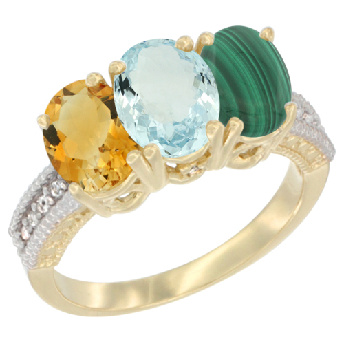 10K Yellow Gold Diamond Natural Citrine, Aquamarine & Malachite Ring 3-Stone 7x5 mm Oval, sizes 5 - 10