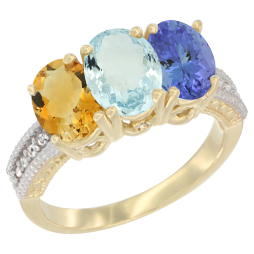 10K Yellow Gold Diamond Natural Citrine, Aquamarine & Tanzanite Ring 3-Stone 7x5 mm Oval, sizes 5 - 10