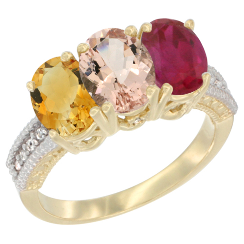14K Yellow Gold Natural Citrine, Morganite & Enhanced Ruby Ring 3-Stone 7x5 mm Oval Diamond Accent, sizes 5 - 10
