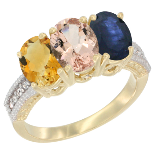 14K Yellow Gold Natural Citrine, Morganite & Blue Sapphire Ring 3-Stone 7x5 mm Oval Diamond Accent, sizes 5 - 10