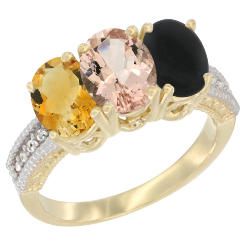 14K Yellow Gold Natural Citrine, Morganite & Black Onyx Ring 3-Stone 7x5 mm Oval Diamond Accent, sizes 5 - 10