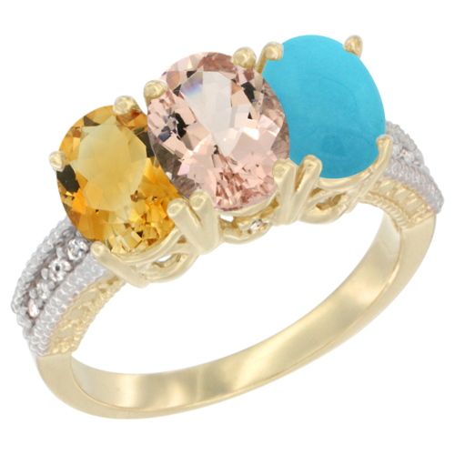 14K Yellow Gold Natural Citrine, Morganite & Turquoise Ring 3-Stone 7x5 mm Oval Diamond Accent, sizes 5 - 10