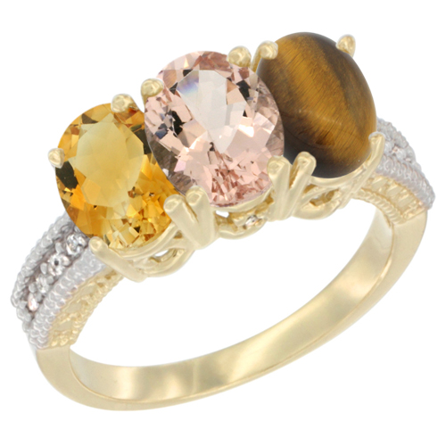 14K Yellow Gold Natural Citrine, Morganite & Tiger Eye Ring 3-Stone 7x5 mm Oval Diamond Accent, sizes 5 - 10