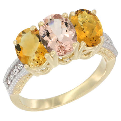 14K Yellow Gold Natural Citrine, Morganite & Whisky Quartz Ring 3-Stone 7x5 mm Oval Diamond Accent, sizes 5 - 10