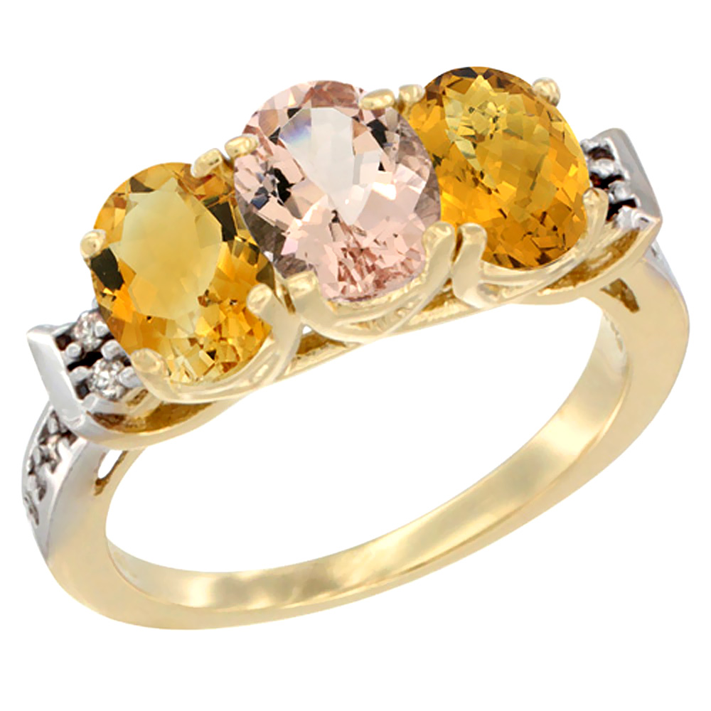 14K Yellow Gold Natural Citrine, Morganite & Whisky Quartz Ring 3-Stone 7x5 mm Oval Diamond Accent, sizes 5 - 10