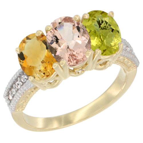 14K Yellow Gold Natural Citrine, Morganite & Lemon Quartz Ring 3-Stone 7x5 mm Oval Diamond Accent, sizes 5 - 10