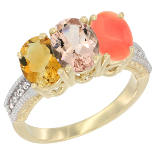 14K Yellow Gold Natural Citrine, Morganite & Coral Ring 3-Stone 7x5 mm Oval Diamond Accent, sizes 5 - 10