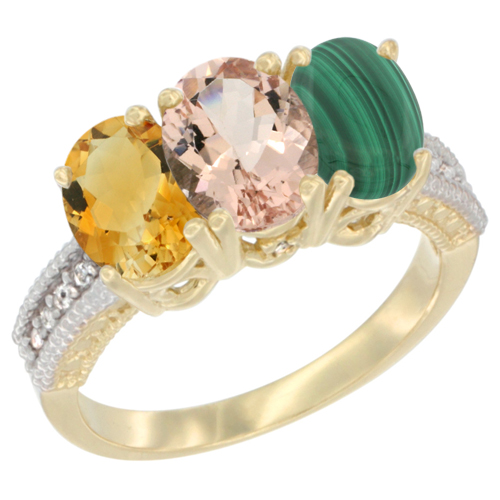14K Yellow Gold Natural Citrine, Morganite & Malachite Ring 3-Stone 7x5 mm Oval Diamond Accent, sizes 5 - 10