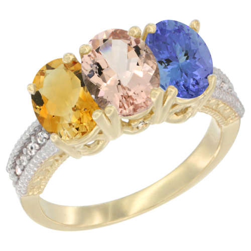 14K Yellow Gold Natural Citrine, Morganite & Tanzanite Ring 3-Stone 7x5 mm Oval Diamond Accent, sizes 5 - 10