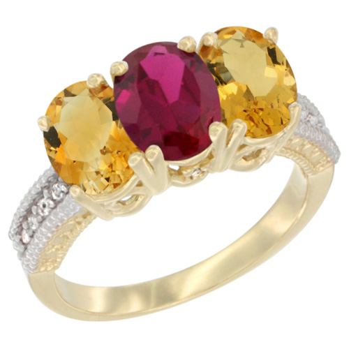 14K Yellow Gold Natural Enhanced Ruby & Natural Citrine Sides Ring 3-Stone 7x5 mm Oval Diamond Accent, sizes 5 - 10