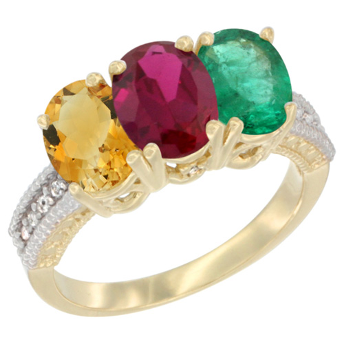 14K Yellow Gold Natural Citrine, Enhanced Ruby & Natural Emerald Ring 3-Stone 7x5 mm Oval Diamond Accent, sizes 5 - 10