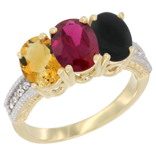 14K Yellow Gold Natural Citrine, Enhanced Ruby & Natural Black Onyx Ring 3-Stone 7x5 mm Oval Diamond Accent, sizes 5 - 10