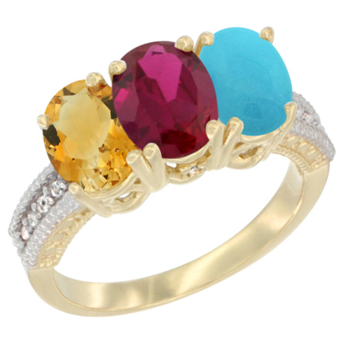 14K Yellow Gold Natural Citrine, Enhanced Ruby & Natural Turquoise Ring 3-Stone 7x5 mm Oval Diamond Accent, sizes 5 - 10