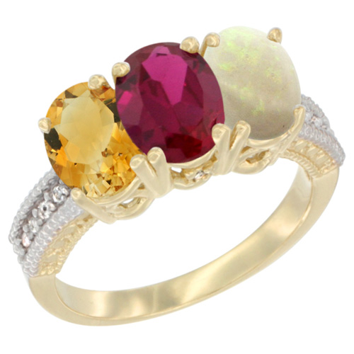 14K Yellow Gold Natural Citrine, Enhanced Ruby & Natural Opal Ring 3-Stone 7x5 mm Oval Diamond Accent, sizes 5 - 10