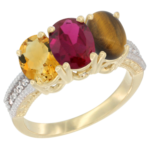 14K Yellow Gold Natural Citrine, Enhanced Ruby & Natural Tiger Eye Ring 3-Stone 7x5 mm Oval Diamond Accent, sizes 5 - 10