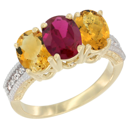 14K Yellow Gold Natural Citrine, Enhanced Ruby & Natural Whisky Quartz Ring 3-Stone 7x5 mm Oval Diamond Accent, sizes 5 - 10