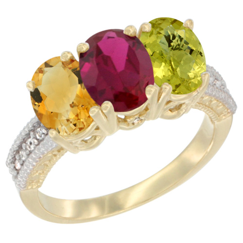 14K Yellow Gold Natural Citrine, Enhanced Ruby & Natural Lemon Quartz Ring 3-Stone 7x5 mm Oval Diamond Accent, sizes 5 - 10