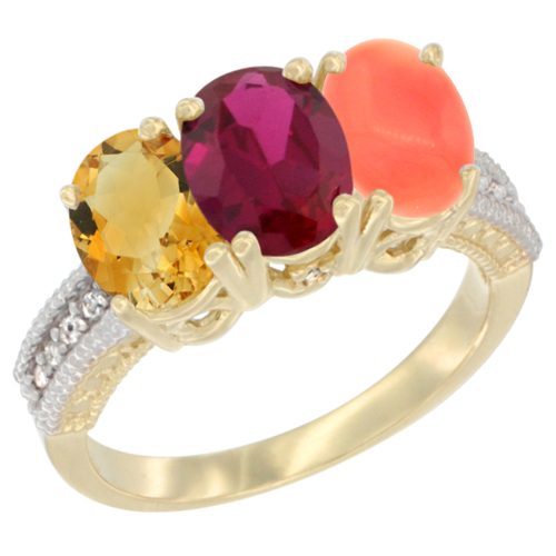 14K Yellow Gold Natural Citrine, Enhanced Ruby & Natural Coral Ring 3-Stone 7x5 mm Oval Diamond Accent, sizes 5 - 10