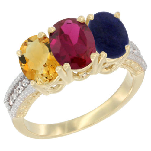 14K Yellow Gold Natural Citrine, Enhanced Ruby & Natural Lapis Ring 3-Stone 7x5 mm Oval Diamond Accent, sizes 5 - 10