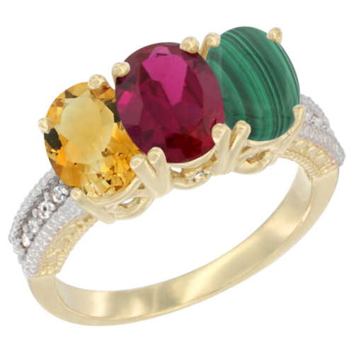 14K Yellow Gold Natural Citrine, Enhanced Ruby & Natural Malachite Ring 3-Stone 7x5 mm Oval Diamond Accent, sizes 5 - 10