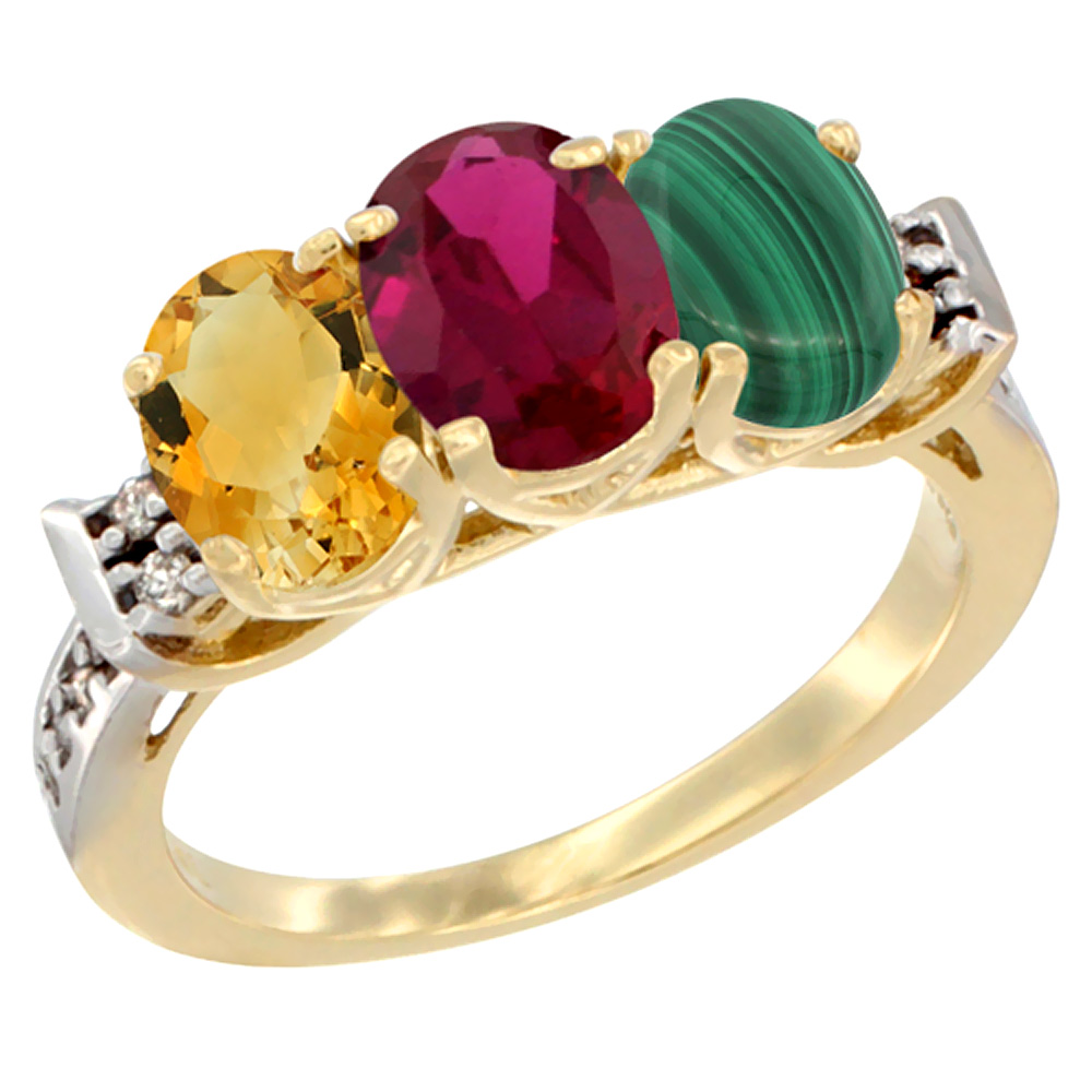 14K Yellow Gold Natural Citrine, Enhanced Ruby & Natural Malachite Ring 3-Stone 7x5 mm Oval Diamond Accent, sizes 5 - 10