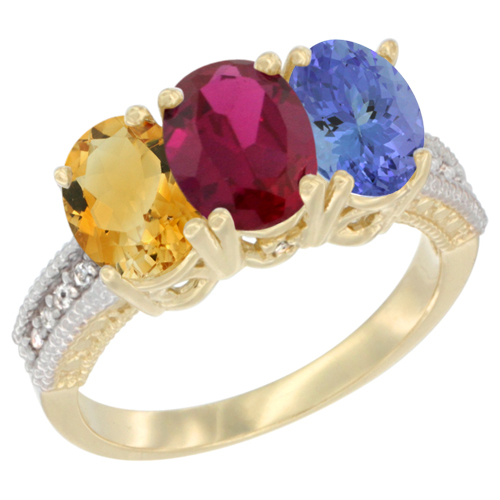 14K Yellow Gold Natural Citrine, Enhanced Ruby & Natural Tanzanite Ring 3-Stone 7x5 mm Oval Diamond Accent, sizes 5 - 10