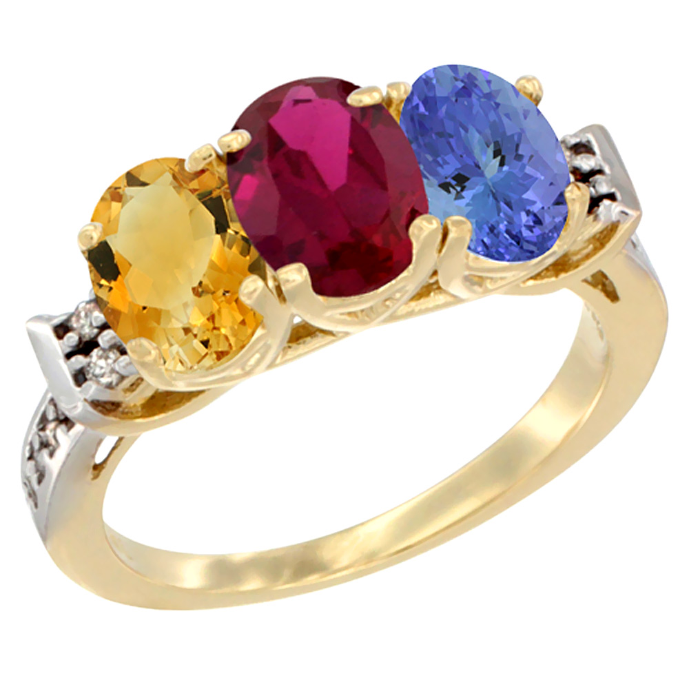 14K Yellow Gold Natural Citrine, Enhanced Ruby & Natural Tanzanite Ring 3-Stone 7x5 mm Oval Diamond Accent, sizes 5 - 10