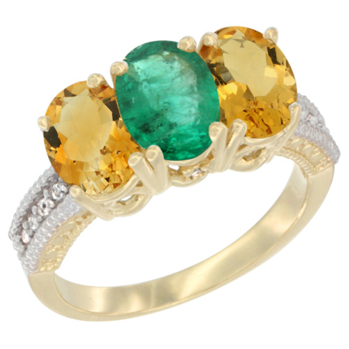 14K Yellow Gold Natural Emerald & Citrine Sides Ring 3-Stone 7x5 mm Oval Diamond Accent, sizes 5 - 10