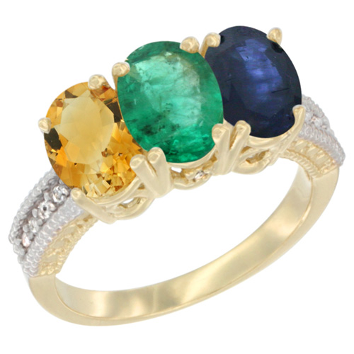14K Yellow Gold Natural Citrine, Emerald & Blue Sapphire Ring 3-Stone 7x5 mm Oval Diamond Accent, sizes 5 - 10