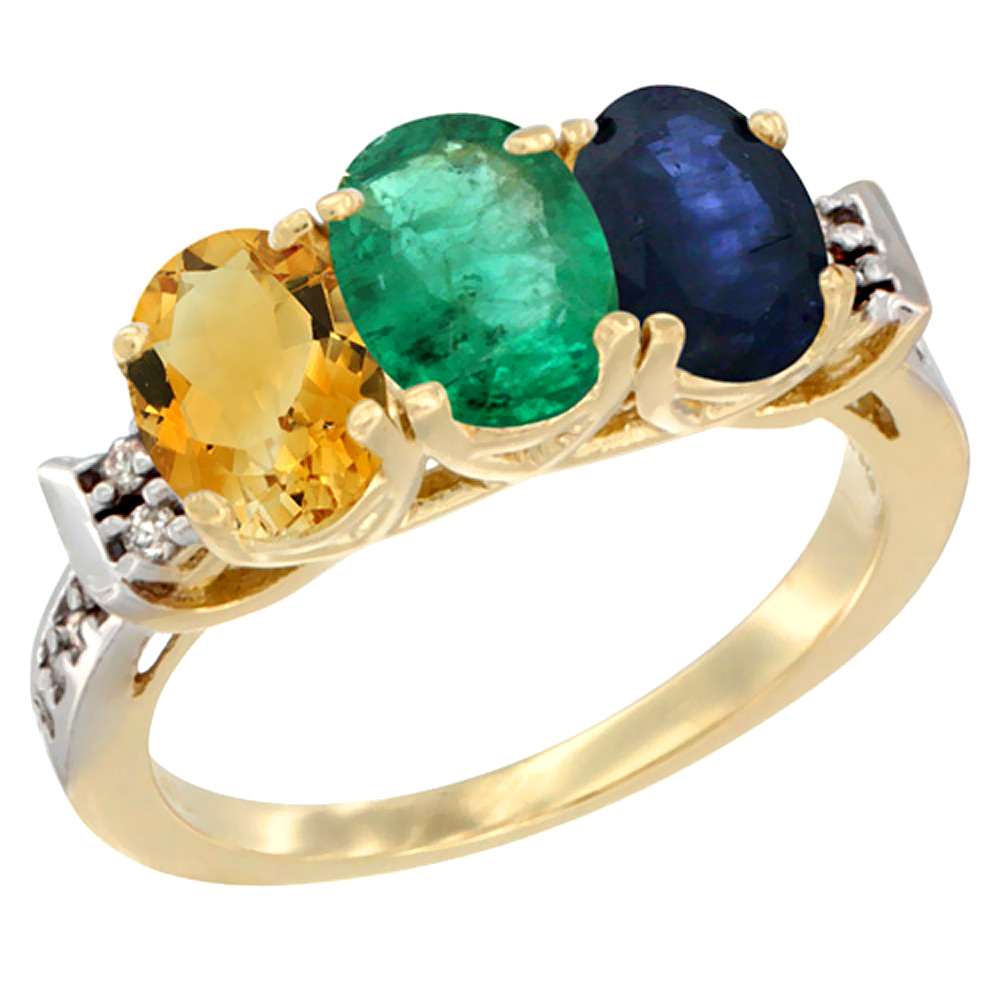 14K Yellow Gold Natural Citrine, Emerald & Blue Sapphire Ring 3-Stone 7x5 mm Oval Diamond Accent, sizes 5 - 10