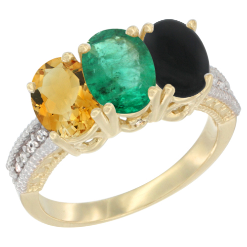14K Yellow Gold Natural Citrine, Emerald & Black Onyx Ring 3-Stone 7x5 mm Oval Diamond Accent, sizes 5 - 10