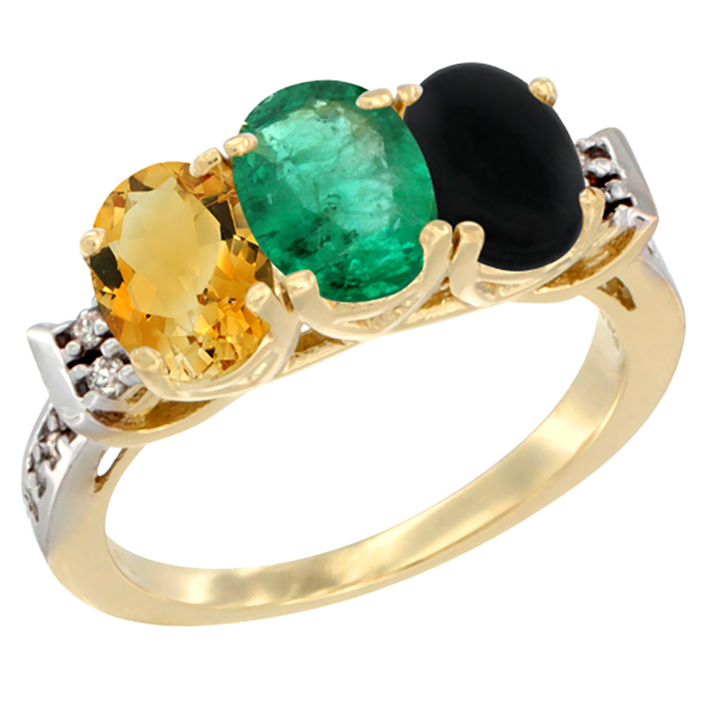 14K Yellow Gold Natural Citrine, Emerald & Black Onyx Ring 3-Stone 7x5 mm Oval Diamond Accent, sizes 5 - 10