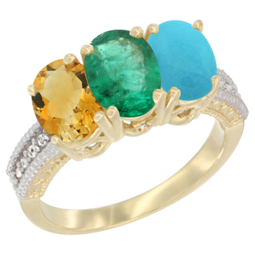 14K Yellow Gold Natural Citrine, Emerald & Turquoise Ring 3-Stone 7x5 mm Oval Diamond Accent, sizes 5 - 10
