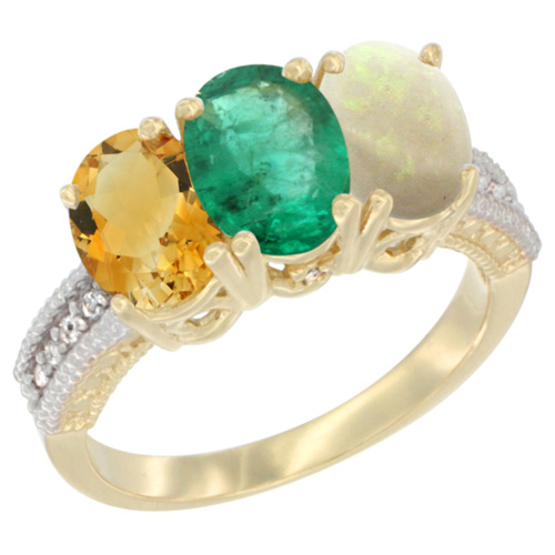 14K Yellow Gold Natural Citrine, Emerald & Opal Ring 3-Stone 7x5 mm Oval Diamond Accent, sizes 5 - 10