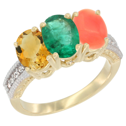 10K Yellow Gold Diamond Natural Citrine, Emerald & Coral Ring 3-Stone 7x5 mm Oval, sizes 5 - 10