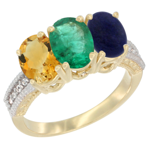 10K Yellow Gold Diamond Natural Citrine, Emerald & Lapis Ring 3-Stone 7x5 mm Oval, sizes 5 - 10